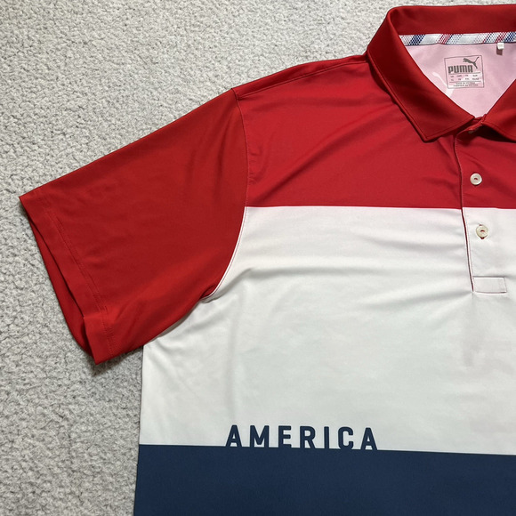 Puma Volition Polo Shirt Mens XL Performance Stripe Golf USA Flag America - Picture 6 of 10